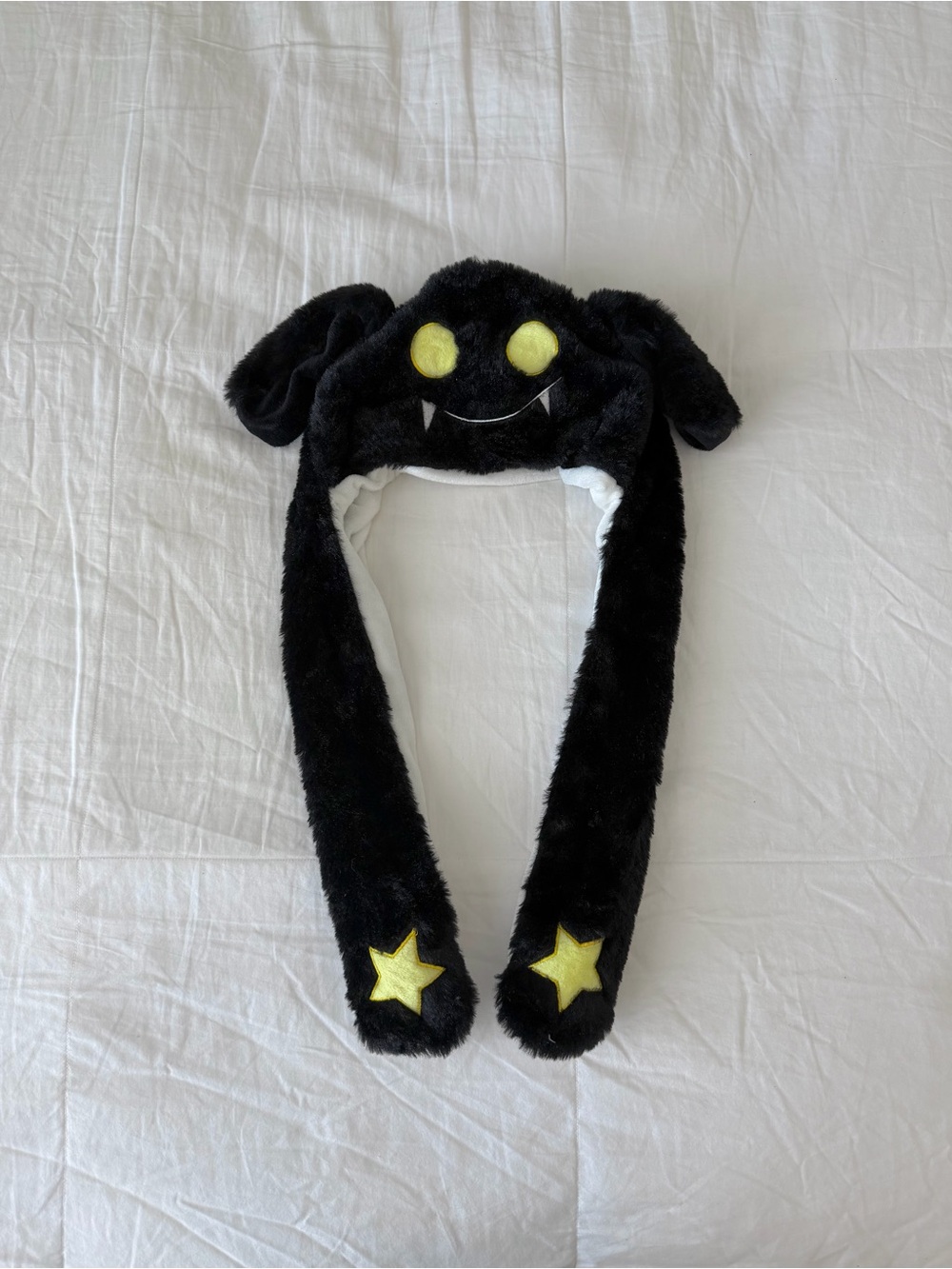 Plush Faux Fur Black Monster Bat Moving Ear Flap Hat